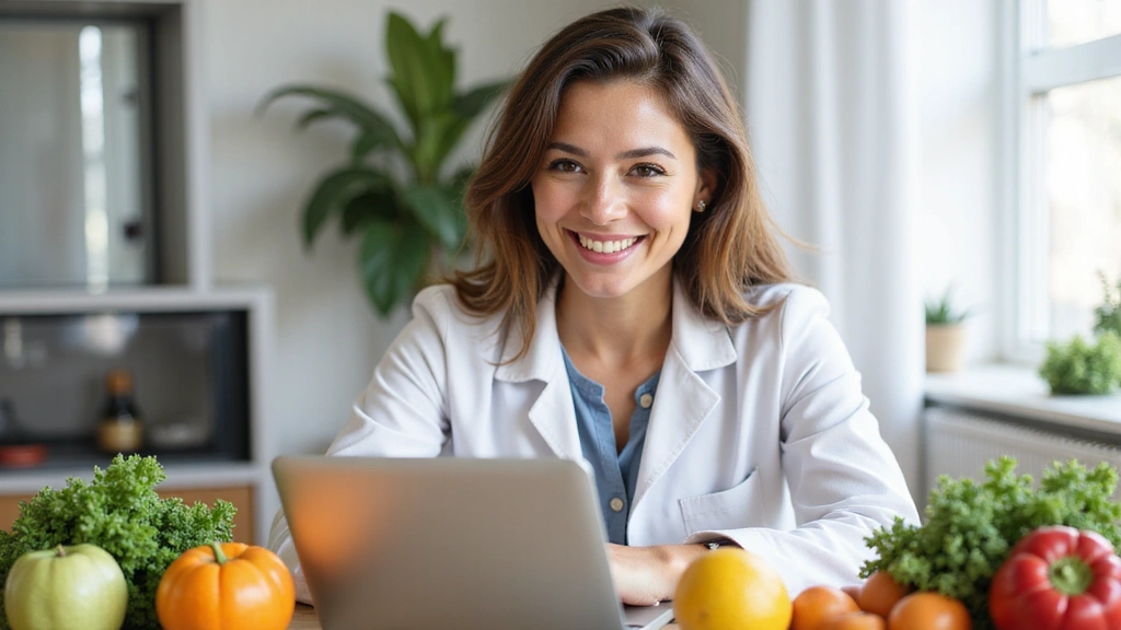 Mosolygós nő laptopon keresztül időpontot foglal online, friss gyümölcsök és zöldségekkel körülvéve, világos és modern környezetben.