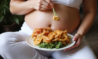 Terhes nő eszik egészséges ételt, kismama hasa, tápláló ételek