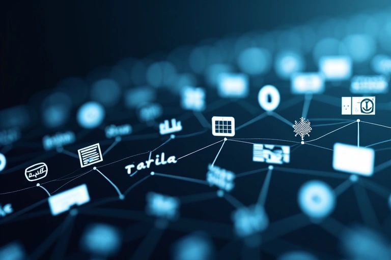 Különböző weboldal ikonok lebegnek egy digitális térben, összekapcsolódva finom vonalakkal, ami a külső hivatkozásokat jelképezi.